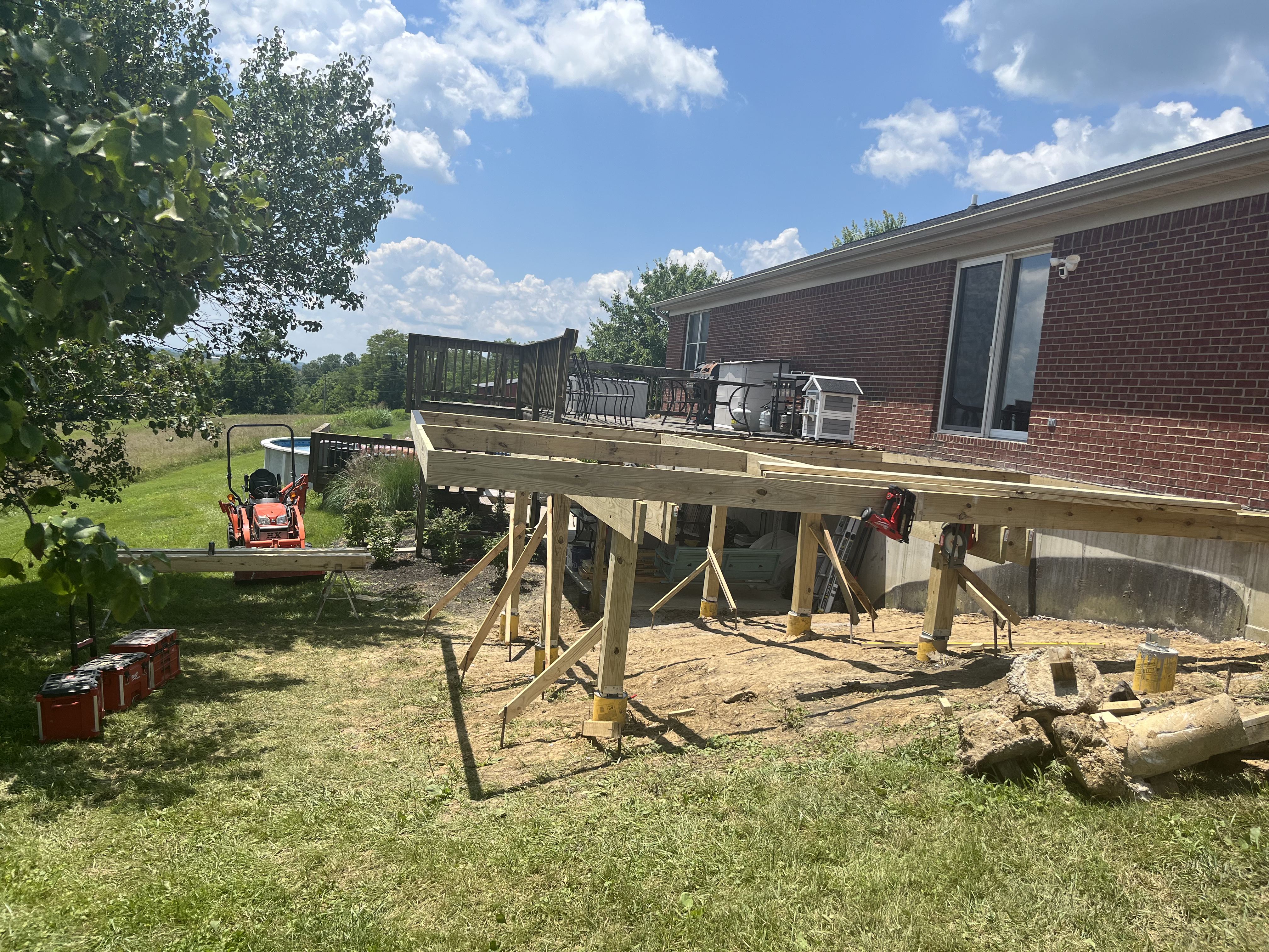 Large deck framing and support posts during construction